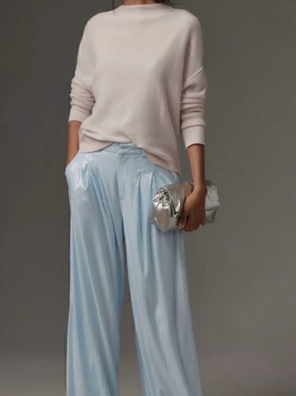 Anthropologie Maeve Avery Pleated Wide Leg Light Blue Sparkly Satin Trousers